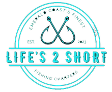 Logo for Life's 2Short Fishing Charters,featuring crossed fishing hooks, turquoise text, and a round design.